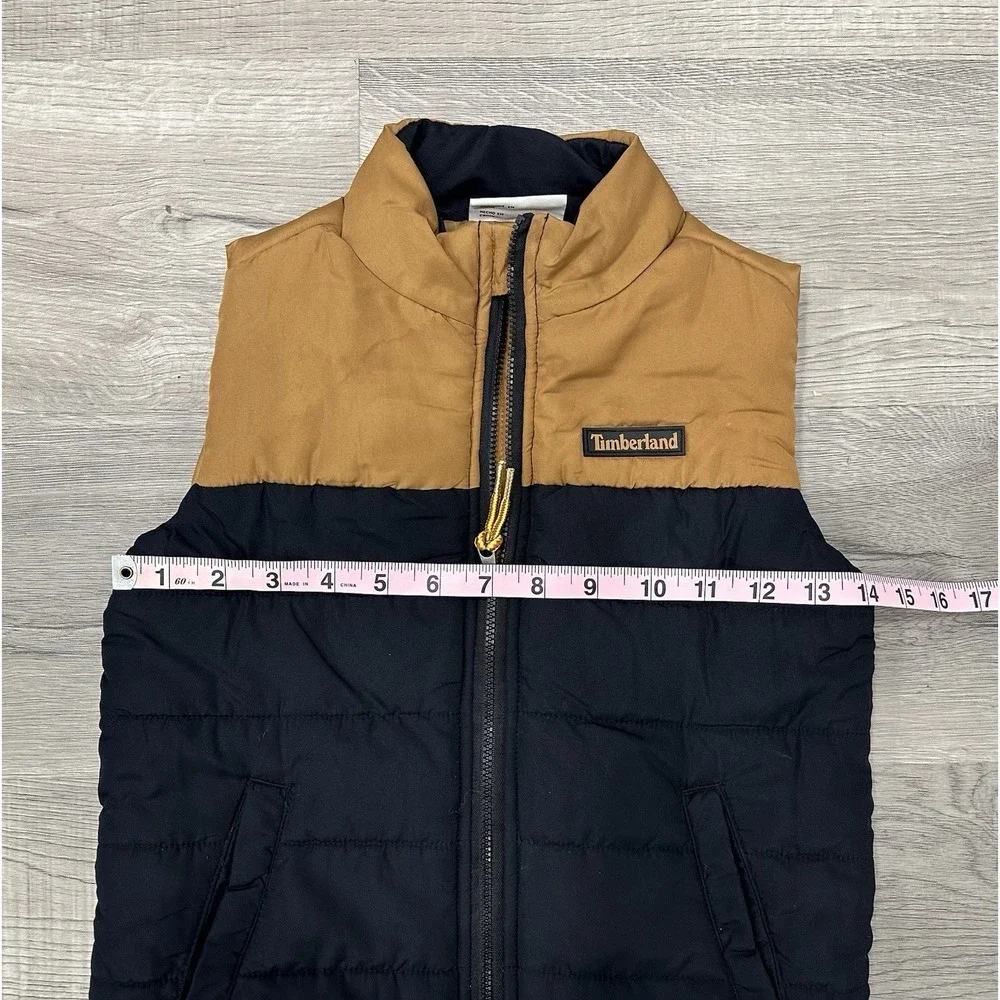 Timberland Vest Youth 4T Black Tan Puffer Quilted Pockets Two-Tone Full Zip READ